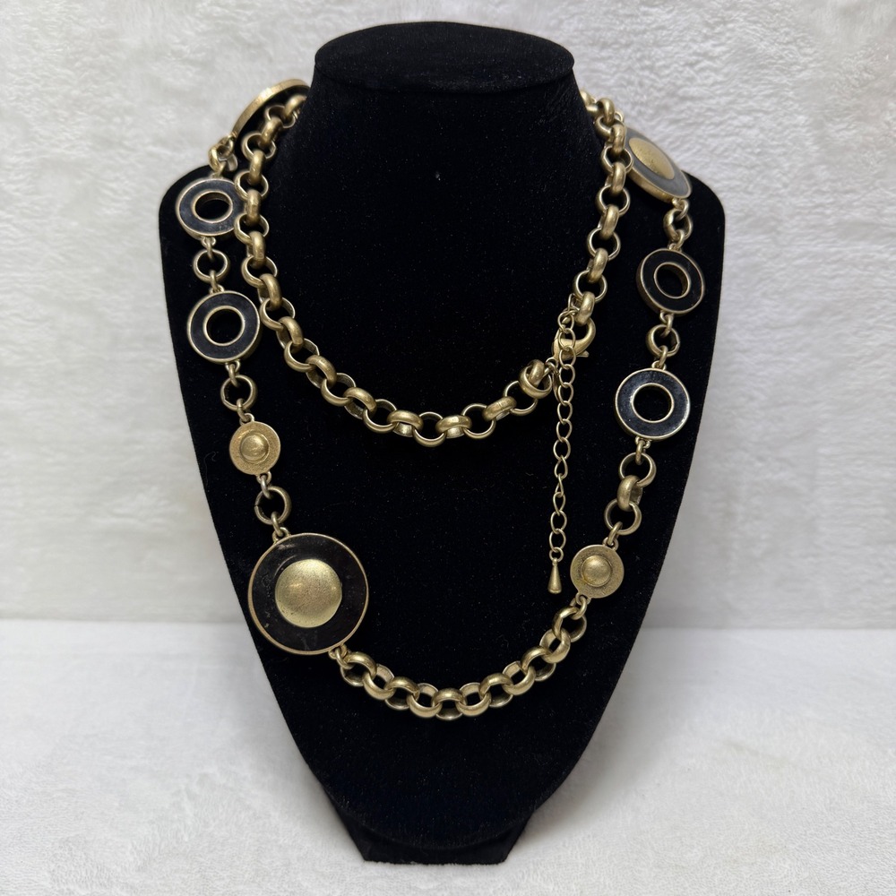 Lia Sophia Matte Gold Tone Enamel‎ Geometric Circle Long Link Statement Necklace